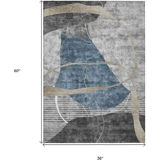 Blue Gray And Charcoal Abstract Washable Indoor Outdoor Area Rug Photo 3