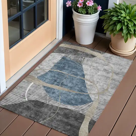 Blue Gray And Charcoal Abstract Washable Indoor Outdoor Area Rug Photo 1