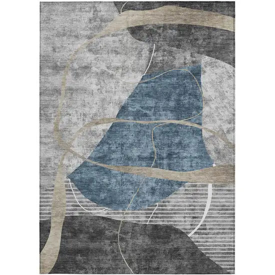 Blue Gray And Charcoal Abstract Washable Indoor Outdoor Area Rug Photo 8