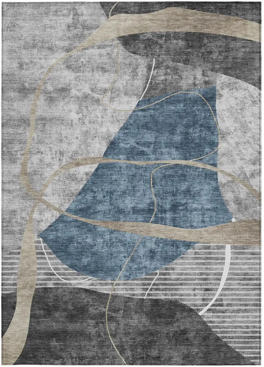 Blue Gray And Charcoal Abstract Washable Indoor Outdoor Area Rug Photo 8