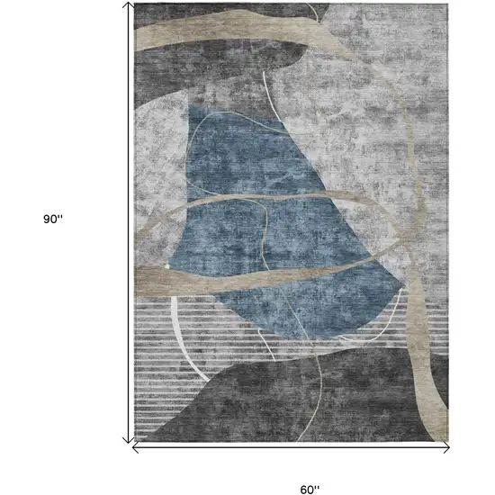 Blue Gray And Charcoal Abstract Washable Indoor Outdoor Area Rug Photo 3
