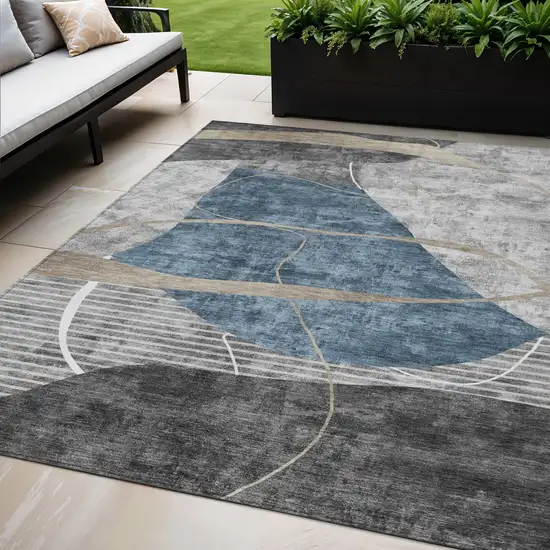 Blue Gray And Charcoal Abstract Washable Indoor Outdoor Area Rug Photo 1