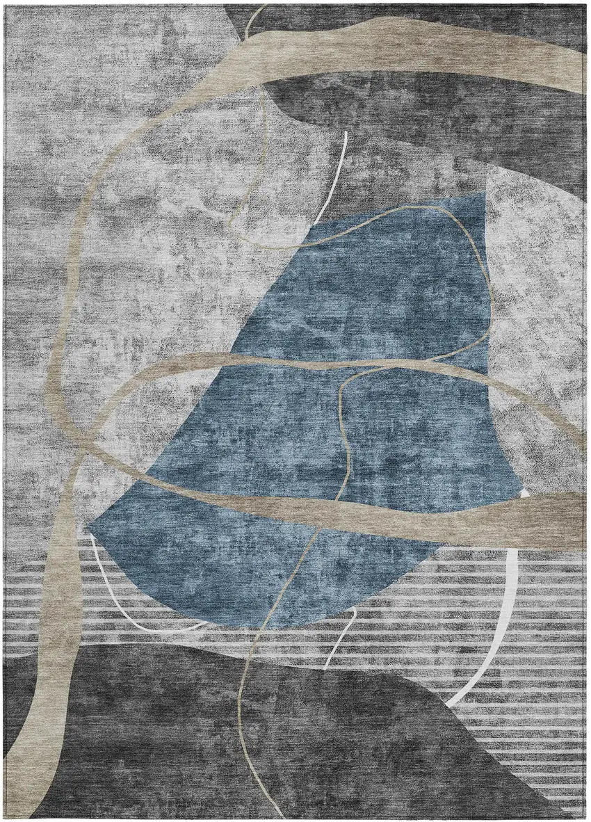 Blue Gray And Charcoal Abstract Washable Indoor Outdoor Area Rug Photo 8