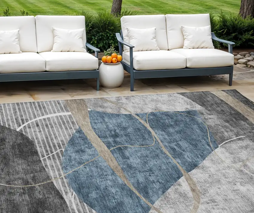 Blue Gray And Charcoal Abstract Washable Indoor Outdoor Area Rug Photo 1