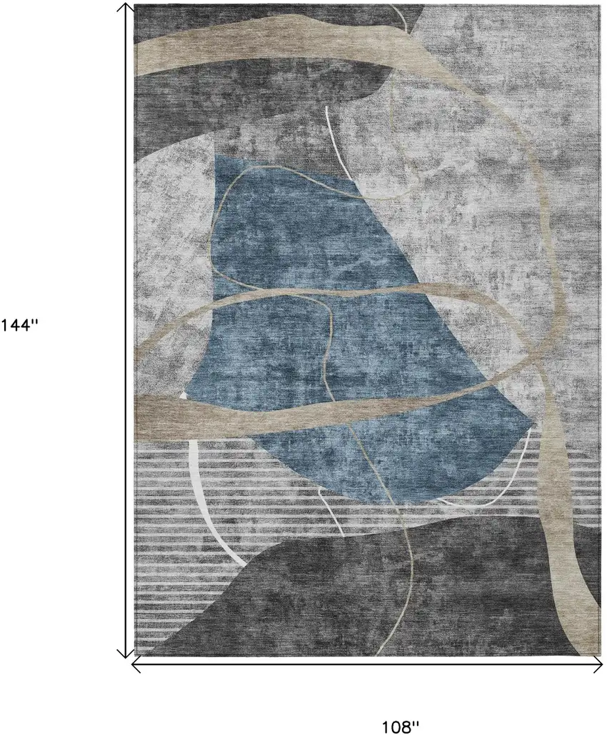 Blue Gray And Charcoal Abstract Washable Indoor Outdoor Area Rug Photo 3