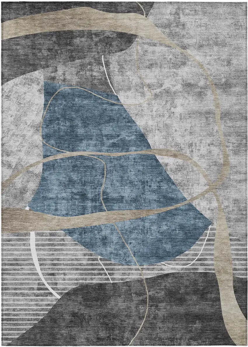 Blue Gray And Charcoal Abstract Washable Indoor Outdoor Area Rug Photo 2