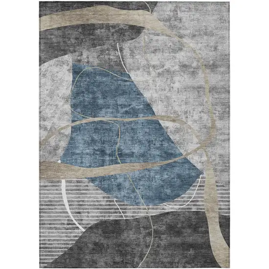 Blue Gray And Charcoal Abstract Washable Indoor Outdoor Area Rug Photo 2