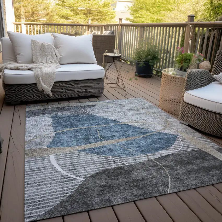 Blue Gray And Charcoal Abstract Washable Indoor Outdoor Area Rug Photo 9