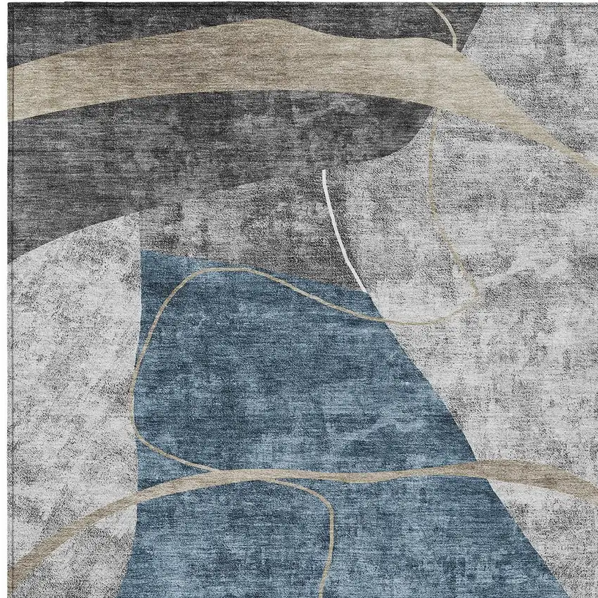 Blue Gray And Charcoal Abstract Washable Indoor Outdoor Area Rug Photo 7