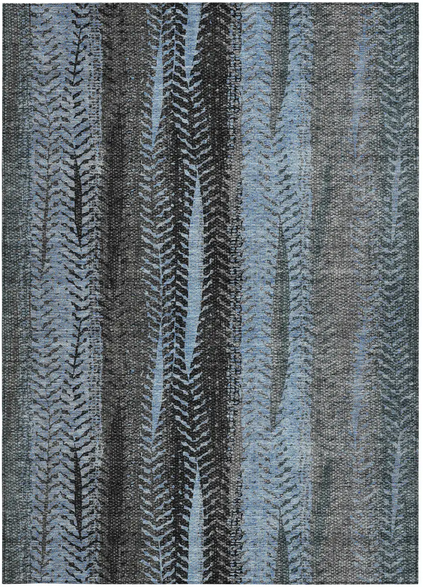Blue Gray And Charcoal Botanical Leaves Washable Indoor Outdoor Area Rug Photo 7