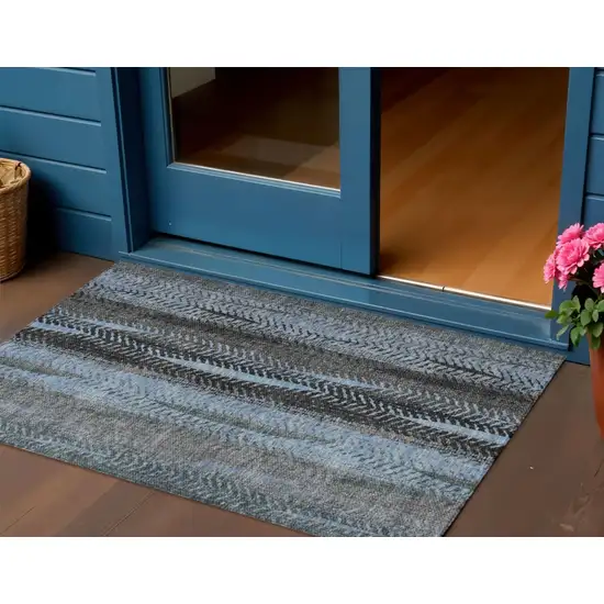 Blue Gray And Charcoal Botanical Leaves Washable Indoor Outdoor Area Rug Photo 1