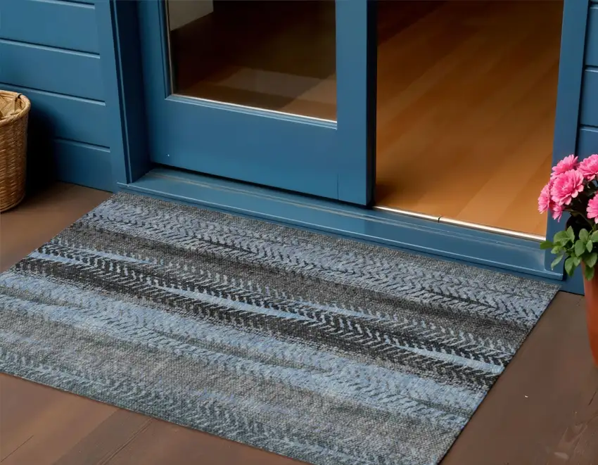 Blue Gray And Charcoal Botanical Leaves Washable Indoor Outdoor Area Rug Photo 1