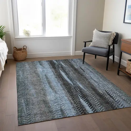 Blue Gray And Charcoal Botanical Leaves Washable Indoor Outdoor Area Rug Photo 9