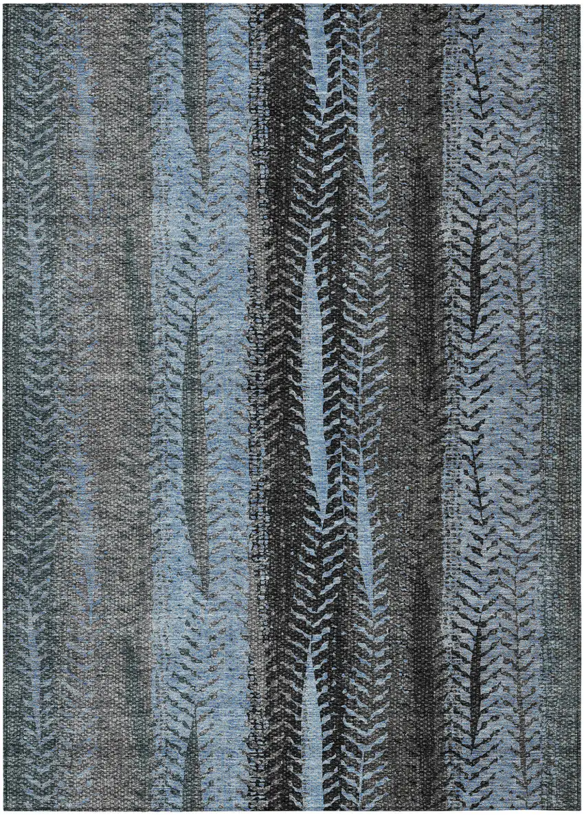 Blue Gray And Charcoal Botanical Leaves Washable Indoor Outdoor Area Rug Photo 2