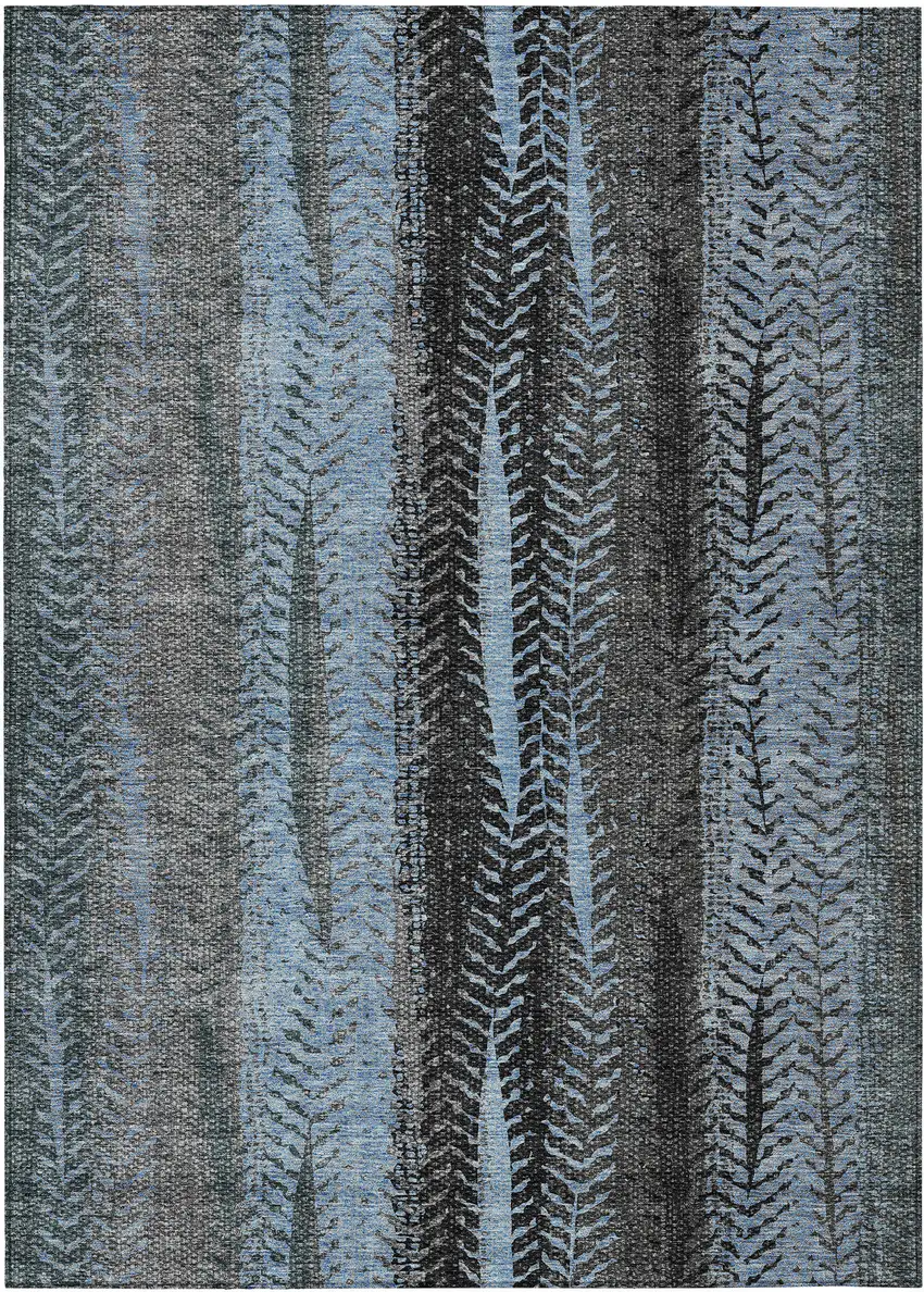 Blue Gray And Charcoal Botanical Leaves Washable Indoor Outdoor Area Rug Photo 2