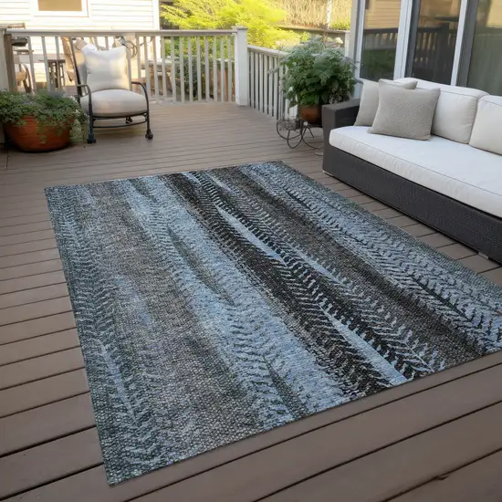 Blue Gray And Charcoal Botanical Leaves Washable Indoor Outdoor Area Rug Photo 8