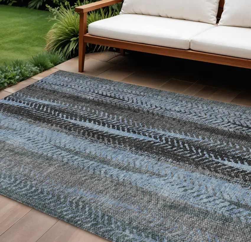 Blue Gray And Charcoal Botanical Leaves Washable Indoor Outdoor Area Rug Photo 1