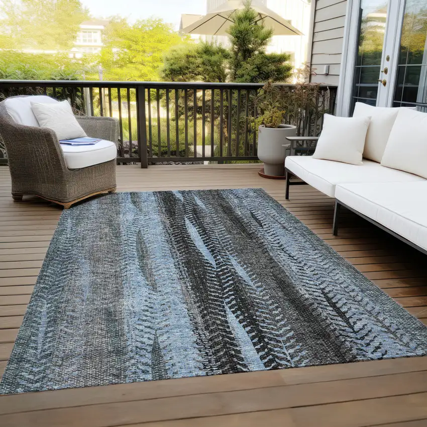 Blue Gray And Charcoal Botanical Leaves Washable Indoor Outdoor Area Rug Photo 9