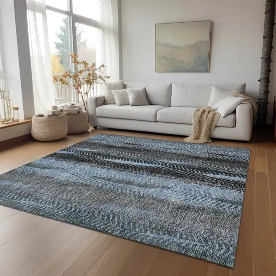 Blue Gray And Charcoal Botanical Leaves Washable Indoor Outdoor Area Rug Photo 9