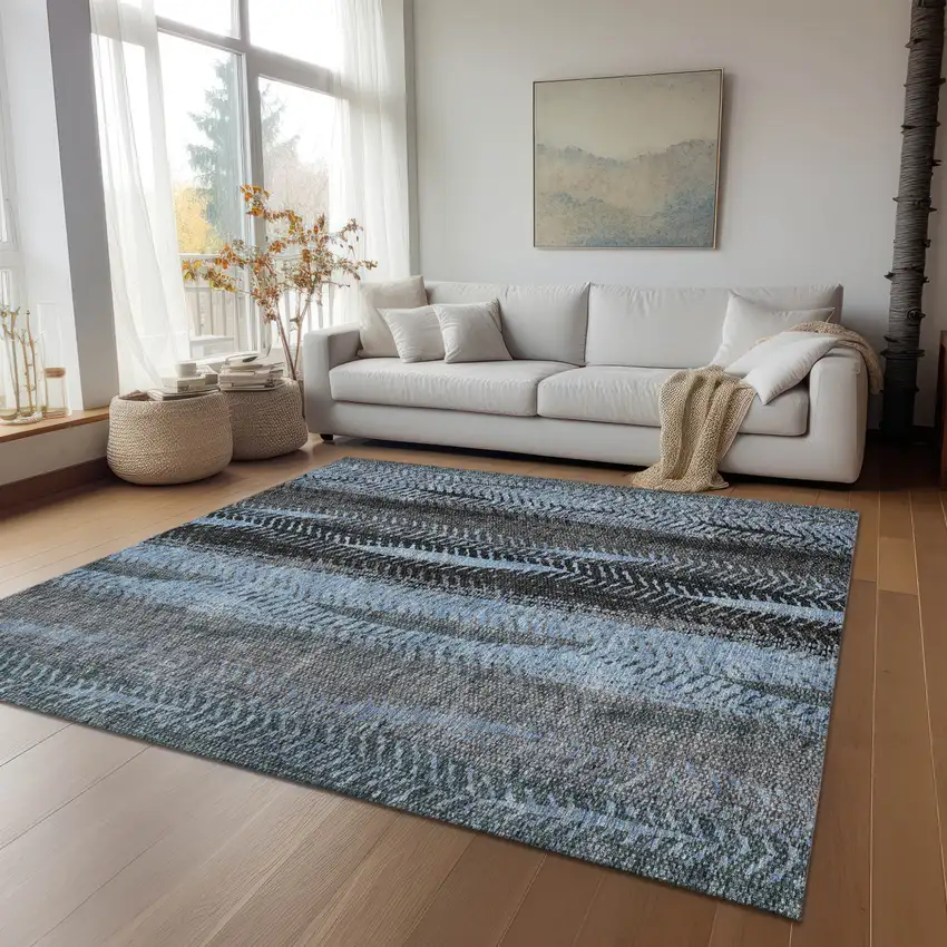 Blue Gray And Charcoal Botanical Leaves Washable Indoor Outdoor Area Rug Photo 9