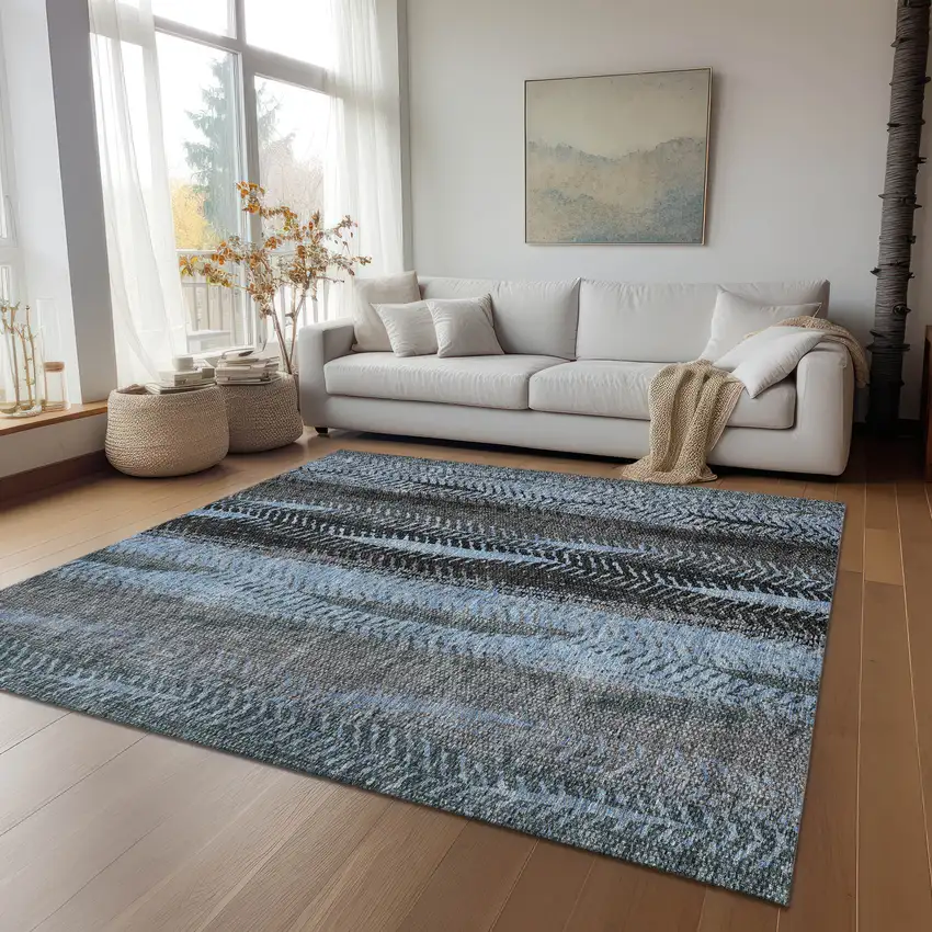 Blue Gray And Charcoal Botanical Leaves Washable Indoor Outdoor Area Rug Photo 9