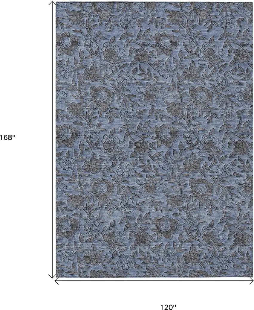 Blue Gray And Charcoal Floral Washable Indoor Outdoor Area Rug Photo 3