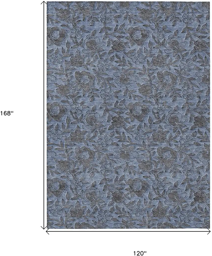 Blue Gray And Charcoal Floral Washable Indoor Outdoor Area Rug Photo 3