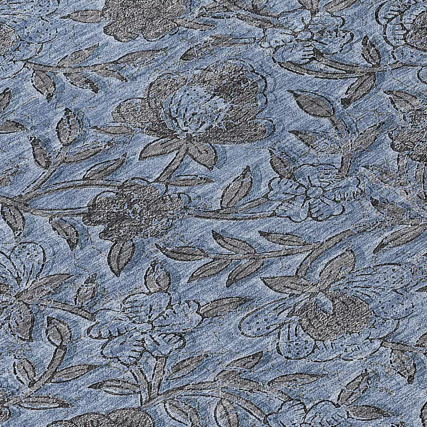 Blue Gray And Charcoal Floral Washable Indoor Outdoor Area Rug Photo 8