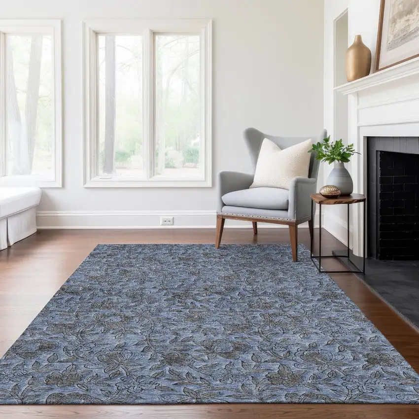 Blue Gray And Charcoal Floral Washable Indoor Outdoor Area Rug Photo 9
