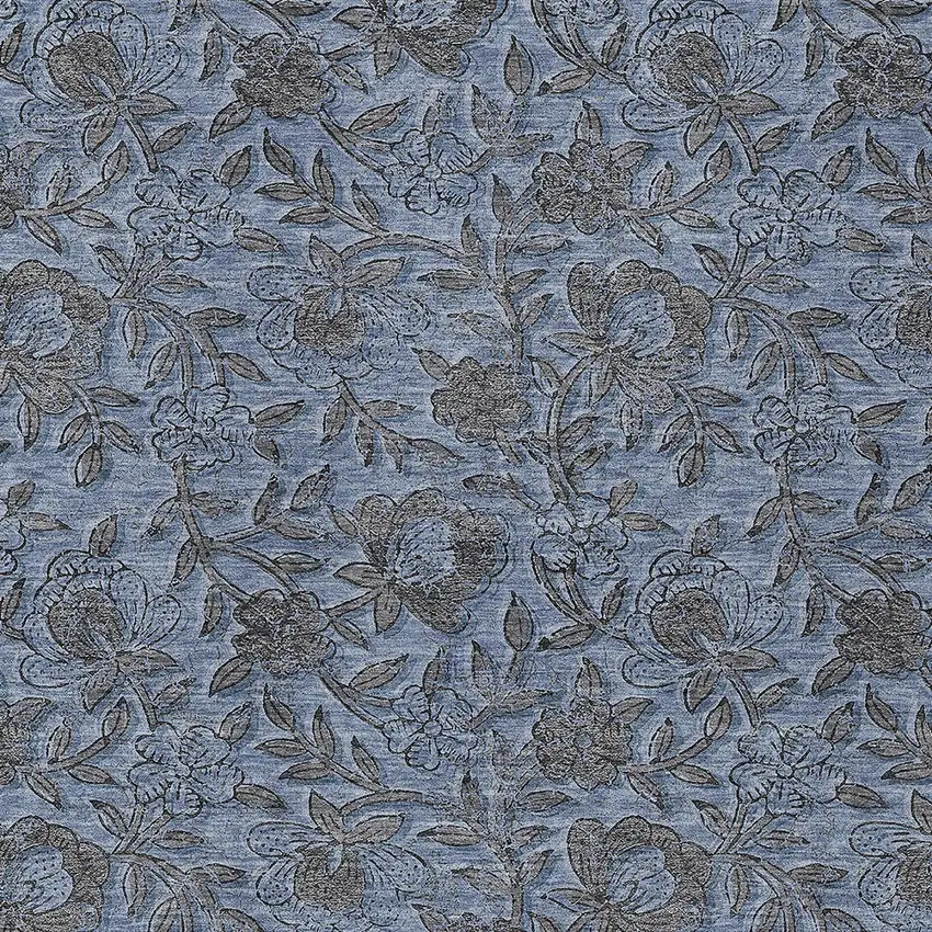 Blue Gray And Charcoal Floral Washable Indoor Outdoor Area Rug Photo 6