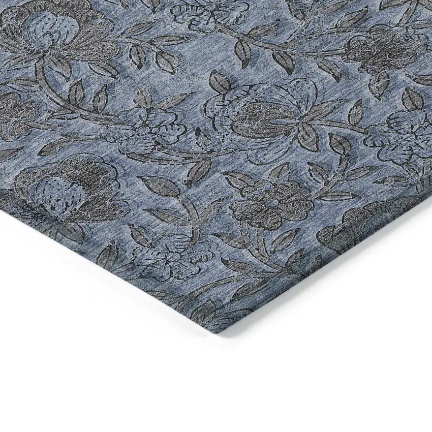 Blue Gray And Charcoal Floral Washable Indoor Outdoor Area Rug Photo 5