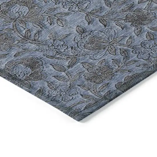 Blue Gray And Charcoal Floral Washable Indoor Outdoor Area Rug Photo 5