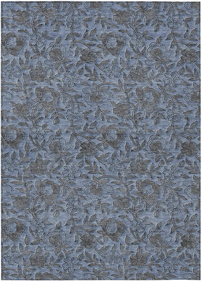 Blue Gray And Charcoal Floral Washable Indoor Outdoor Area Rug Photo 2