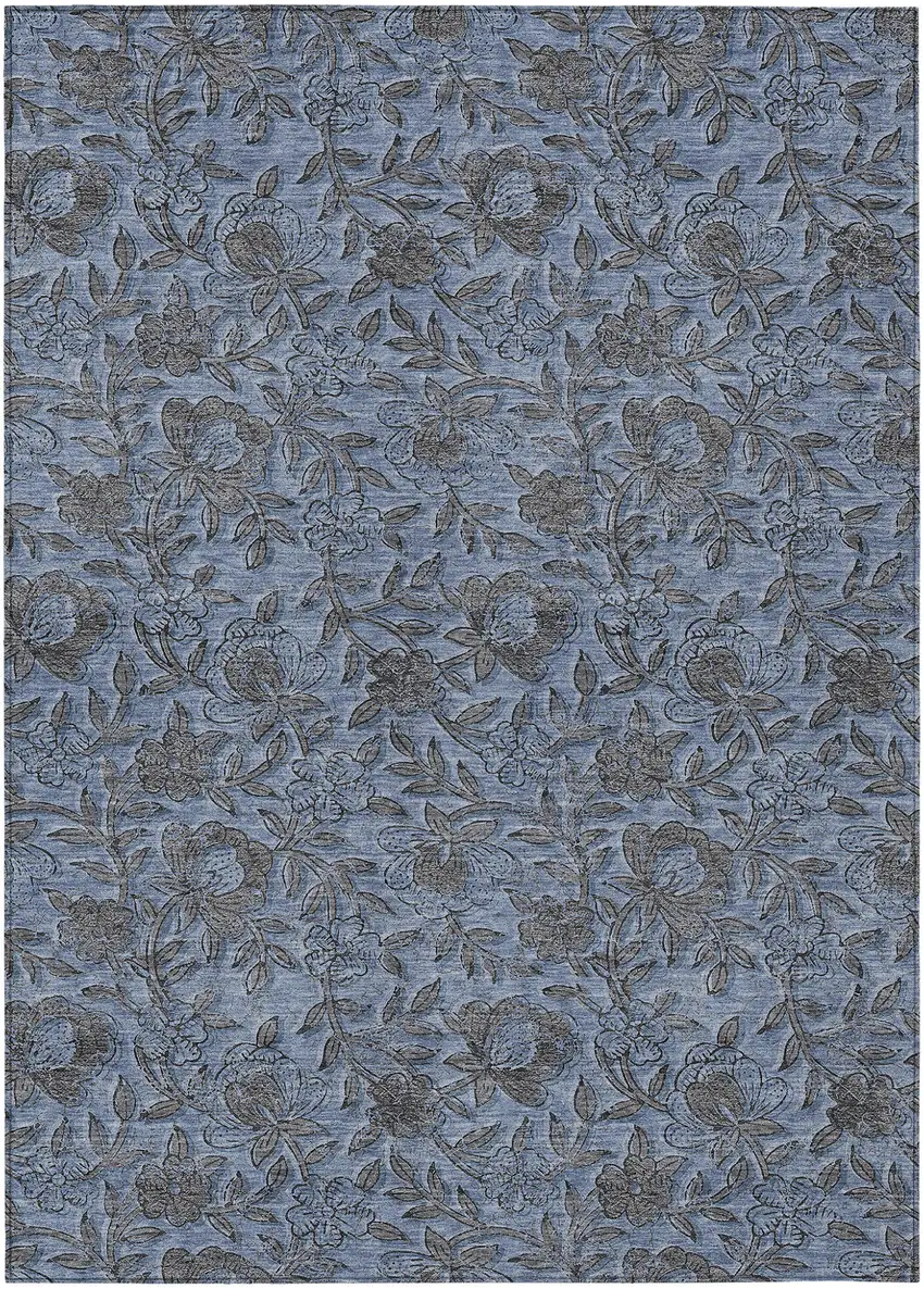 Blue Gray And Charcoal Floral Washable Indoor Outdoor Area Rug Photo 2