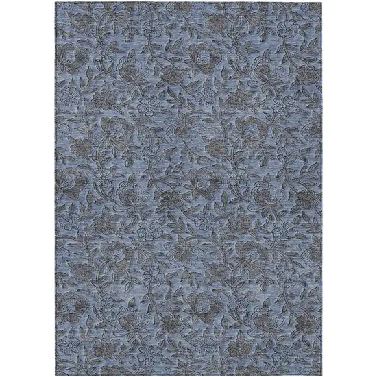 Blue Gray And Charcoal Floral Washable Indoor Outdoor Area Rug Photo 2