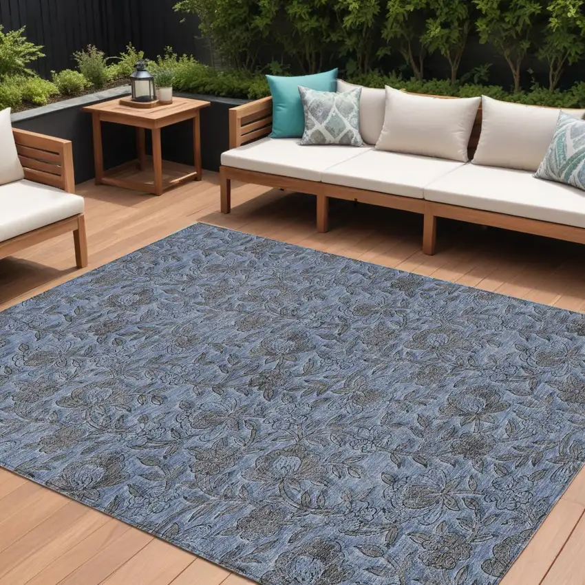 Blue Gray And Charcoal Floral Washable Indoor Outdoor Area Rug Photo 1
