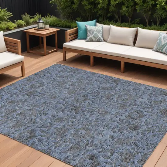 Blue Gray And Charcoal Floral Washable Indoor Outdoor Area Rug Photo 1