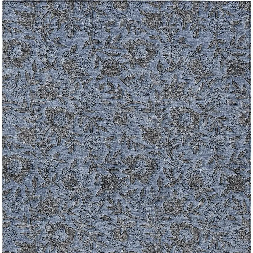 Blue Gray And Charcoal Floral Washable Indoor Outdoor Area Rug Photo 7