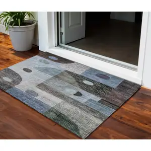 Photo of Blue Gray And Charcoal Geometric Washable Indoor Outdoor Area Rug