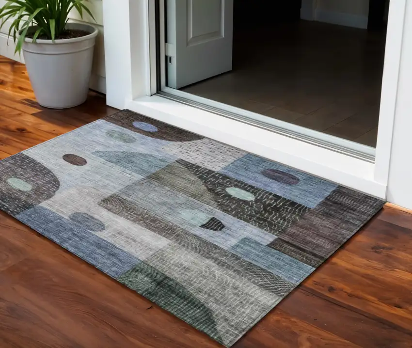 Blue Gray And Charcoal Geometric Washable Indoor Outdoor Area Rug Photo 1