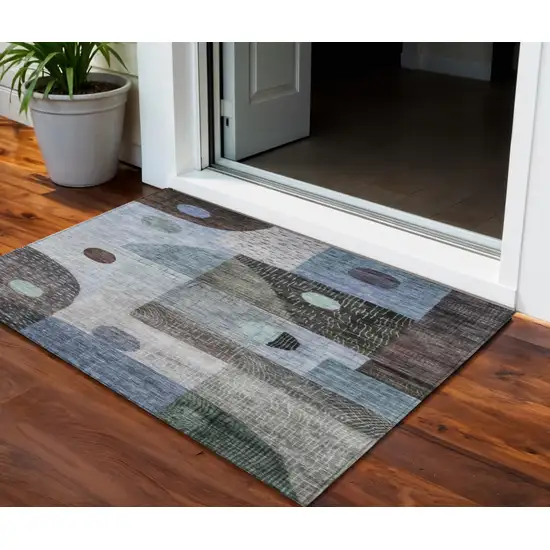 Blue Gray And Charcoal Geometric Washable Indoor Outdoor Area Rug Photo 1