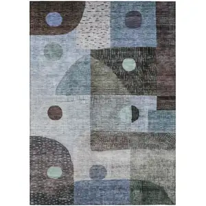 Photo of Blue Gray And Charcoal Geometric Washable Indoor Outdoor Area Rug