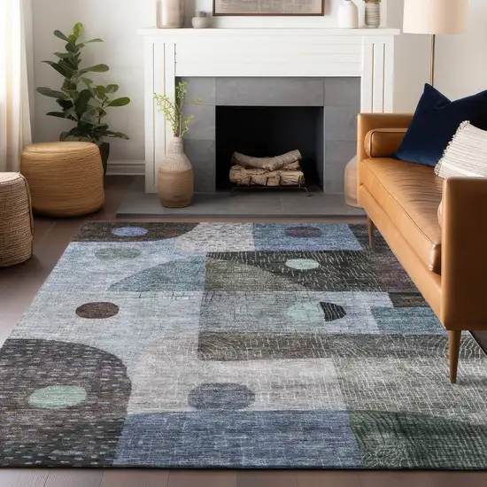 Blue Gray And Charcoal Geometric Washable Indoor Outdoor Area Rug Photo 8