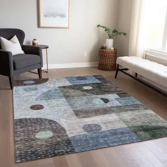 Blue Gray And Charcoal Geometric Washable Indoor Outdoor Area Rug Photo 9