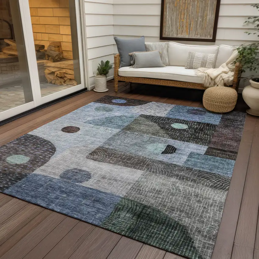 Blue Gray And Charcoal Geometric Washable Indoor Outdoor Area Rug Photo 7