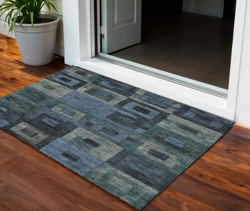 Blue Gray And Charcoal Geometric Washable Indoor Outdoor Area Rug Photo 1