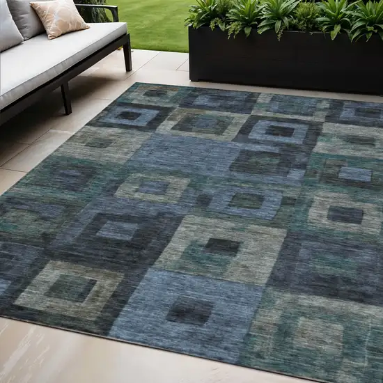 Blue Gray And Charcoal Geometric Washable Indoor Outdoor Area Rug Photo 1