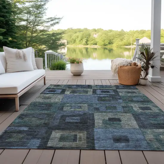 Blue Gray And Charcoal Geometric Washable Indoor Outdoor Area Rug Photo 7