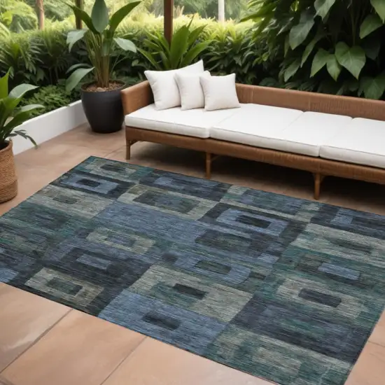 Blue Gray And Charcoal Geometric Washable Indoor Outdoor Area Rug Photo 1