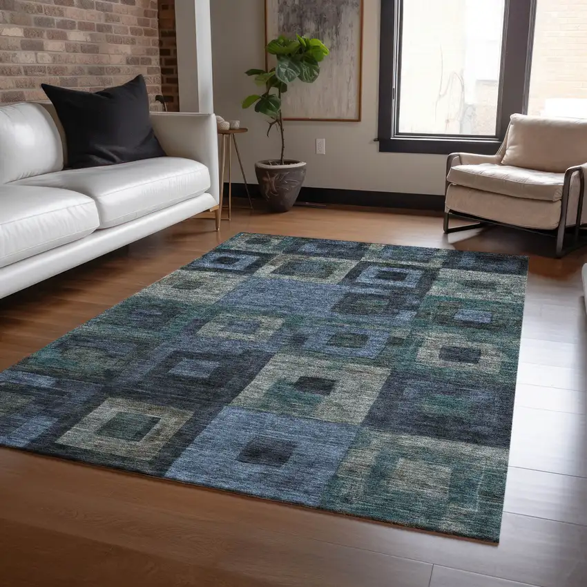 Blue Gray And Charcoal Geometric Washable Indoor Outdoor Area Rug Photo 8